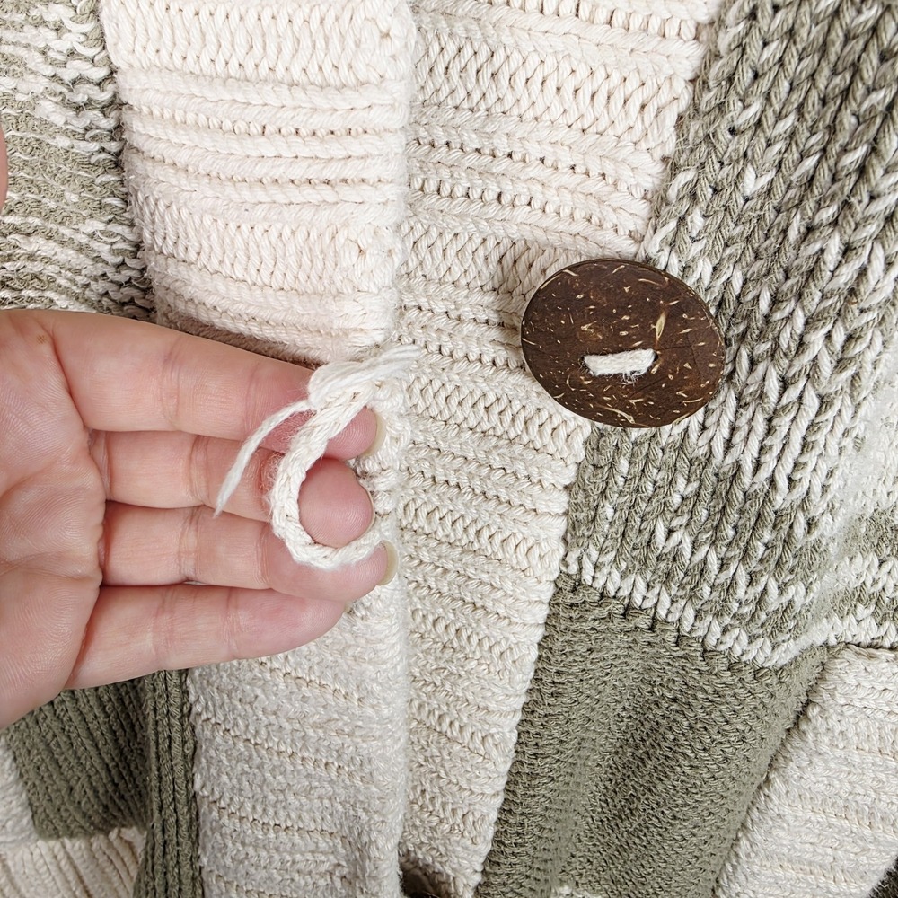 Hand-knit Cabin Coastal Patchwork Sweater Cowl Neck Button Front Chunky‎ Neutral - Picture 15 of 15